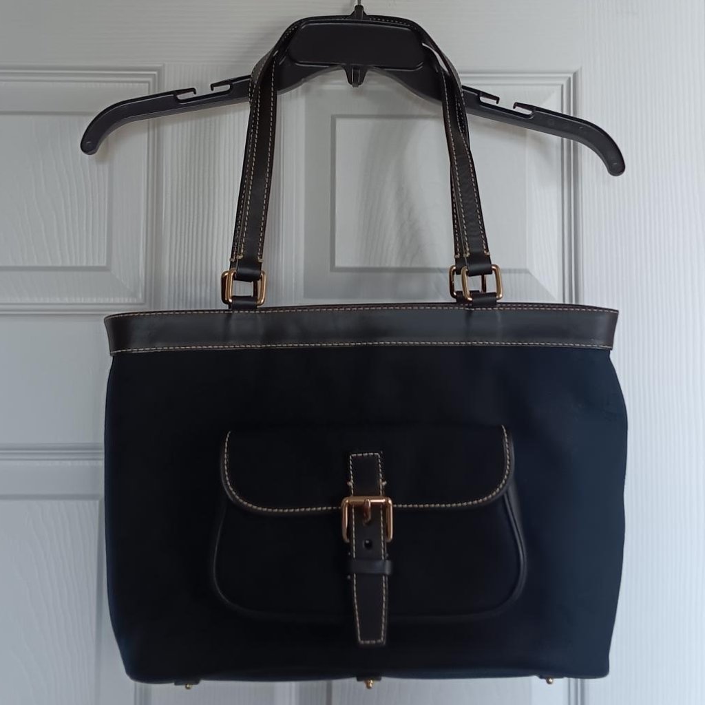 Dooney & Bourke Signature Logo Navy Canvas Bag Black Leather Straps And Trim